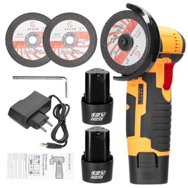 Angle Grinder, Geevorks Electric Grinding Tool 19500RPM, Mini Grinder Handheld Cutter for Cutting Polishing Ceramic Tile Wood Stone Steel, with 2 Cutting Disc/2PCS 1200mAh Battery, Yellow