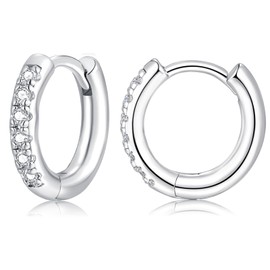 Silver Hoop Earrings for Women Sterling Silver Cubic Zirconia Small Hoop Earrings 14K White Gold Plated Huggie Hoops Earrings 925 Silver Sleeper Earrings for Girls（8mm）
