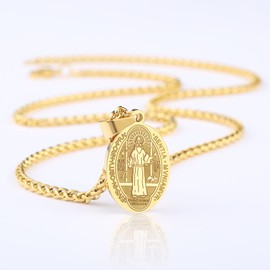P. BLAKE Gold St. Saint Benedict Pendant Necklace for Men Boys, Stainless Steel San Benito Medalla Religious Medal Chain