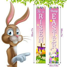 Tegeme Happy Easter He Is Risen Porch Sign, He Is Risen Decoration Hanging Banner Easter Eggs Bunny Jesus Holiday Door Sign Decorations for Home Outdoor Indoor Wall Front Door Decor