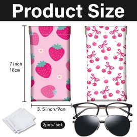 CREATCABIN 2Pcs Leather Glasses Case Slim Portable Soft Sunglasses Case Bag Strawberry Cherry Squeeze Top Eyeglass Holder Pouch Travel Waterproof with Cleaning Cloth Gift for Women Men Pink 7x3.5 Inch