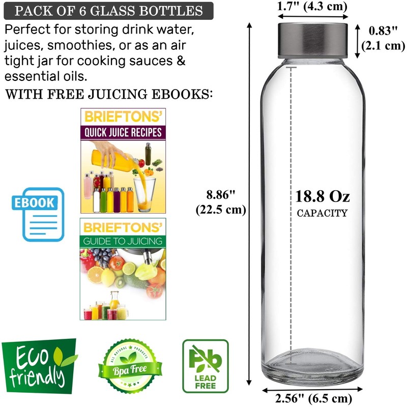 Brieftons 18 Oz Clear Borosilicate Glass Water Bottles With Caps,