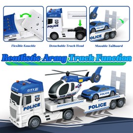 lonfypeng 3-in-1 Police Truck Toys for Kids Ages 3-6 - Inertia Semi Trailer with Racing Car & Helicopter, Light and Sound Play Vehicles