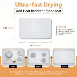 Large Stone Dish Drying Mat for Kitchen Counter - Absorbent Diatomaceous Earth Stone Dish Drying Mat, Fast Dry, Non-Slip & Heat Resistant Stone Mat - White Stone Mat for Kitchen 23.62x15.35''