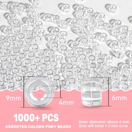 1000+ Pcs Pony Beads Bulk - Sukh 6x9 mm Plastic Bracelet Crystal White Clear Beads for Bracelets Making, Hair Braids, DIY Crafts, Key Chai Making, Home Decor