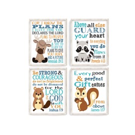Woodland Christian Nursery Set of 4 Unframed Prints, Moose, Raccoon, Beaver, and Squirrel with Bible Verses