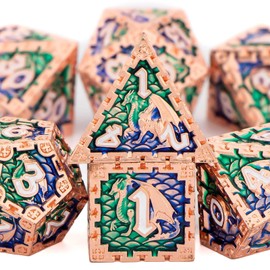 Metal Dice Set, OUKELANWO Blue and Green Sharp Edges DND Dice Set, Dragon Design D + D Polyhedral Dice Set D20 D12 D10 D8 D6 D4 with Cool Box, Roll Role Playing D&D Dice Set for Dungeons and Dragons
