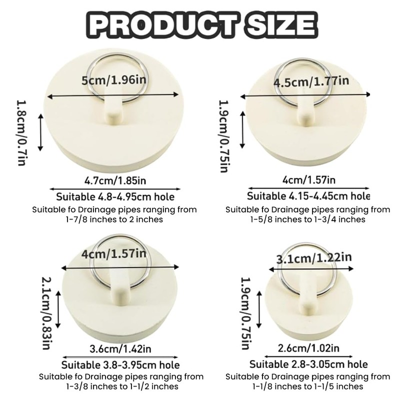 4 Pcs Rubber Sink Plug Set, Universal Bath Plug Replacement