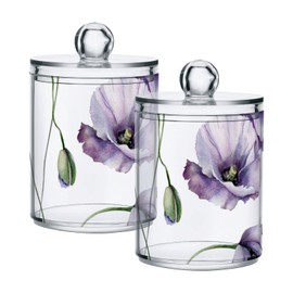 Paquete de 4 dispensadores Qtip con diseño de flores de acuarela, amapolas moradas, hisopos de algodón, almohadillas para orejas redondas de algodón, hilo de algodón, contenedores transparentes para almacenamiento de baño, tarros de plástico para boticar