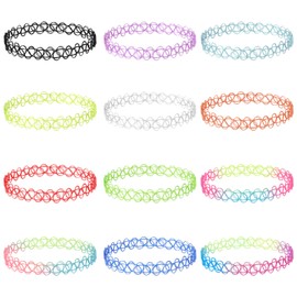 12pcs Tattoo Necklace Choker, Colorful Tattoo Necklaces Set Cute Flower Necklaces 90s Style Rainbow Elastic Choker Necklace for Women Girls