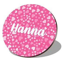 1 x Round Coaster - Name Hanna Pink Hearts Love Letter Lettering Initial Cork Backed MDF Glossy Tea Coffee Accessory #268573