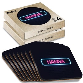 8 x Square Coasters - Neon Sign Design Hanna Name Cork Backed MDF Glossy Tea Coffee Accessory #353016