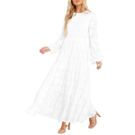 MITILLY Women's Elegant Floral Long Sleeve Round Neck Smocked A-Line Flowy Tiered Maxi Dresses with Pockets X-Large White