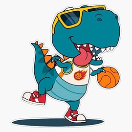 Funny Cute Dinosaur Playing Basketball - Let's Play Dinosaur Sticker Decal Size 5"