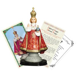 5 inch Infant of Prague Statue - Infant Jesus Prayer Card, The Lord's Prayer - Niño de Praga Set for Altar, Home - 3 Items