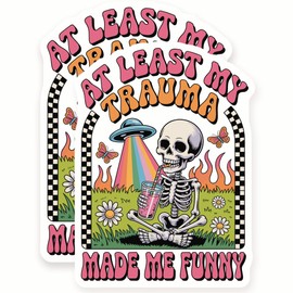Funny Skeleton Stickers - at Least My Trauma - UFO Rainbow Beam - 2 Pack - 5" Wide Design - Adheres to Laptops, Tumblers, and More - Made in The USA - AQS3962