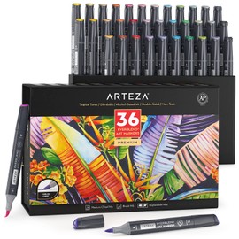 ARTEZA Alcohol Markers Set of 36 Tropical Tones, Medium Chisel and Brush Nib, Dual Tip Brush Markers for Drawing and Sketching