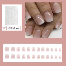 24Pcs False Nails Short Square, Gradient White Pink French Fake Nail, Square Press on Nails with Elegant Design, Stick on Nail for Women Girls Nails Art (Pink White Gradient, One Size)