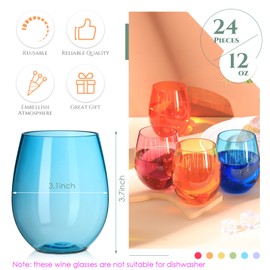Gerrii 12 Pack 12oz Plastic Stemless Wine Glasses Bulk Colored Reusable Shatterproof plastic wine cups for Indoor Outdoor Dining Supplies Party 6 Colors