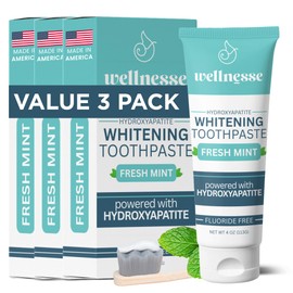Wellnesse Whitening Hydroxyapatite Toothpaste with Xylitol, Natural Fluoride-Free Teeth Whitening Toothpaste for Adults, Strengthens Enamel, Supports Gum Health, Fresh Mint Flavor, 4 oz (Pack of 3)