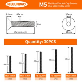 M5 x 40mm 45mm 50mm 55mm 60mm Flat Head Socket Cap Screws Countersunk Bolts, 10.9 Grade Alloy Steel, Black Oxide Finish, Allen Hex Drive, Metric Fully Threaded, Assortment Kit 30PCS