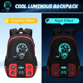 Bevalsa Backpack for School Boys, Cool Luminous Gamer Boys Backpack with Lunch Box & Pencil Pouch Set for Kids Children Teens Elementary Middle Schools, Schoolbag Bookbag Glow In The Dark (Red)