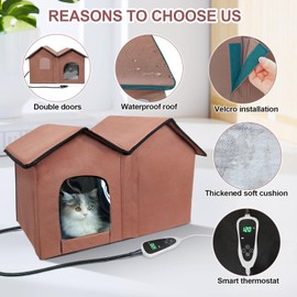 GOLOPET Heated Cat House with Intelligent Thermostat, Foldable Insulated Shelter for Indoor Outdoor Cats, Large Size with Double Door
