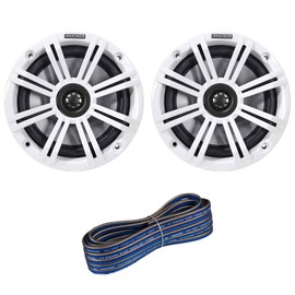 1 Pair (Qty 2) of Kicker 6.5" 2-Way 195 Watts Max Power Coaxial Marine Audio Speakers with White Grilles, 50 Feet 16-Gauge Speaker Wire