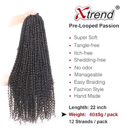 Xtrend 22 Inch Black Pre Twisted Passion Twist Hair, 6 Packs, 15 Strands/Pack, Bohemian Pre Looped Synthetic Water Wave Natural Hair, Crochet Braids, Passion Twist Hair for Black Women
