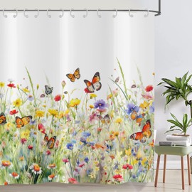 ASDCXZ Flower Shower Curtain 180x200 cm, Spring Yellow Purple Rose Colorful Flowers Butterfly White Washable Shower Curtains Polyester Textile Waterproof Bath Curtain for Bathtub with 12 Hooks