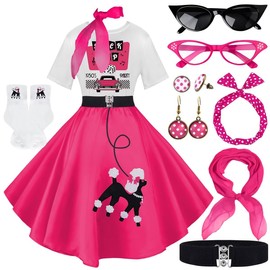 VillbeCoser 10 Pcs Sock Hop Outfits Women, 1950s Poodle Skirts, T-Shirt with 50s Accessories Socks Scarf Headband Belt Earring (Rose-H Sock hop-XL)