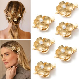 6 Pack Gold Flower Hair Clips for Girls, Small Hair Claw Clips with Pearl Accents, Metal Alligator Hair Barrettes Hair Clips for Styling - Gift Ready Floral Hair Accessories for Women