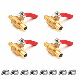 4 pieces 8 mm 2-way shut-off ball valve with 8 clamps, straight hose nozzle, 8 mm hose nozzle switch, brass ball valve, pipe fittings, 180 degree operating handle, brass valve (8 mm)