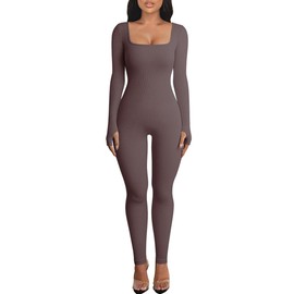 OEAK Women's Sports Jumpsuit Long Tight Yoga Bodysuit Jumpsuit Stretch Long Sleeve Bodycon Romper Sports Suit One-Piece Trouser Suit Tracksuit, dark brown
