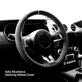 Alfanxi Hand Stitch Steering Wheel Cover Fits Alcantara Material for Ford Mustang Mustang GT Shelby GT350 GT500 2015-2021(Yellow Stripe