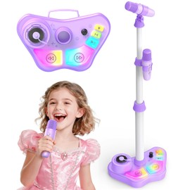 Kids Stand Rechargeable Karaoke Machine Toys with 2 Wireless Mic, Microphone Gifts for 3 4 5 6 7 8 Year Old Girls Grandkids, Bluetooth Speaker with LED Lights Birthday Gift for Age 3-8