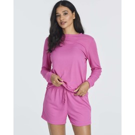 Real Essentials 2 Pack: Women's Ribbed Knit Long Sleeve Top and Shorts Pullover Lounge Pajama Set (Available In Plus Size), Set 8, Medium