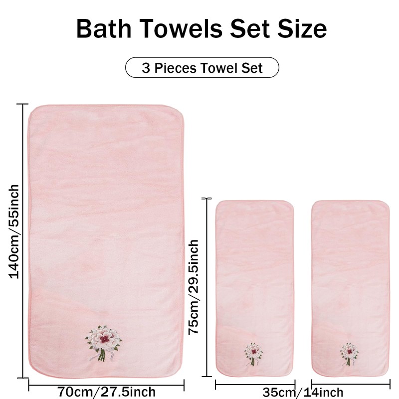 USTIDE 3 Pieces Pink Rose Flora Bath Towel Set, Ultra