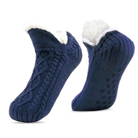 AWAVM Women Slipper Socks, Fluffy and Warm Fleece Lined Non-Slip Socks, Slipper Socks for Women, Men, Girls, Warm Socks, Floor Socks for Women, Soft Thick Christmas Socks, navy