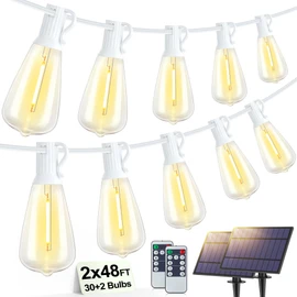 Larkvue 96FT(2x48FT) Solar Outdoor String Lights with Remote & Timer, Waterproof Dimmable Patio Lights with 30+2 ST38 LED Bulbs for Garden Deck-White