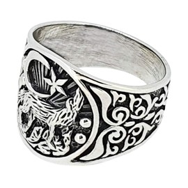 Treasure Bay 925 Sterling Silver Ring For Men and Women Howling Wolf and Crescent Moon Detailing (W)