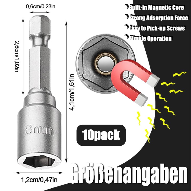 QHKLEW Pack of 10 Magnets Hexagonal Socket, Magnetic Socket Set,