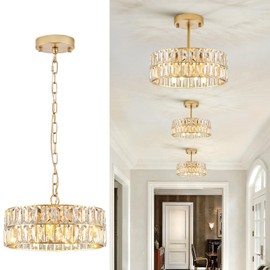 CATINER Small Gold Crystal Chandeliers, Modern Semi Flush Mount Chandelier 4-Light Drum Crystal Ceiling Pendant Light Fixture 12” for Foyer Entryway Kitchen Hallway Dining Room