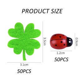 50 Wooden Lucky Beetles with 50 Lucky Clover Felt Accessories, Decorated with Shamrock Bugs Suitable for DIY Craft and Gift Party Decorations