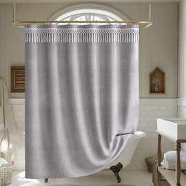 AmazerBath Boho Shower Curtains for Bathroom, Farmhouse Shower Curtain Gray with Top Tassels, Light Grey Shower Curtain with 12 Hooks, Faux Linen Fabric Hotel Quality, 72x72 Inches