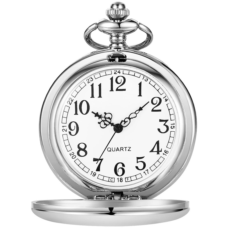 Tiong Silver Smooth Steel Bracket Design Men's Pocket Watch Arabic
