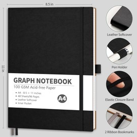 RETTACY Graph Grid Paper Notebook, 96 Pages, A4 Large Size (8.5'' x 11''), 5 Squares per Inch, Leather Softcover, 100 GSM Thick Paper, for School, Students, Math, Engineering (Black)