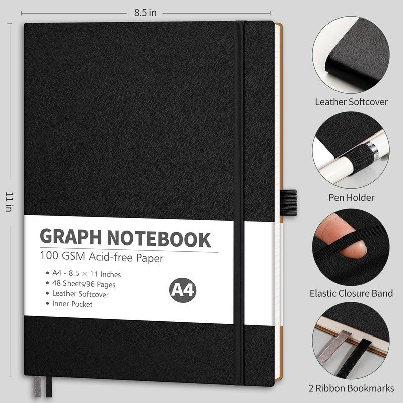 RETTACY Graph Grid Paper Notebook, 96 Pages, A4 Large Size
