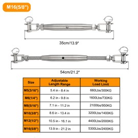 uxcell 2Pcs M16(5/8") Closed Body Jaw and Jaw Turnbuckles Wire Rope Tension, Stainless Steel Turnbuckle Adjustable Cable Tensioner for Shade Sail Clothesline, 5300Lbs Working Load Limit