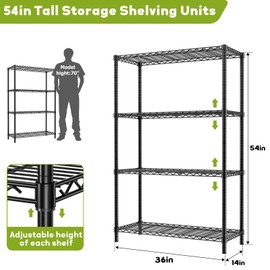 Storage Shelves Heavy Duty, 36" L x 14" W x 54" H Garage Wire Shelving Unit Loads 1400LBS, 4-tier Adjustable Metal Industrial Utility Shelf Rack for Kitchen, Laundry Room, Pantry, Warehouse, Basement